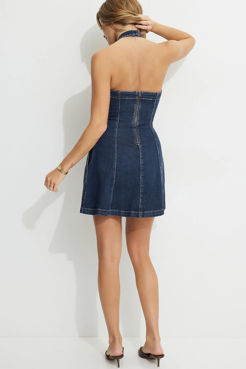 Flared Halter Denim Mini Dress