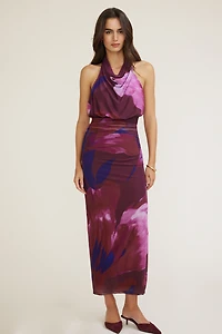 Halter Cowl Neck Mesh Maxi Dress