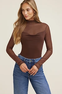 Long Sleeve Mesh Sheer Cowl Top