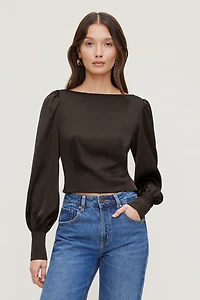 Faye Cropped Boat Neck Satin Blouse