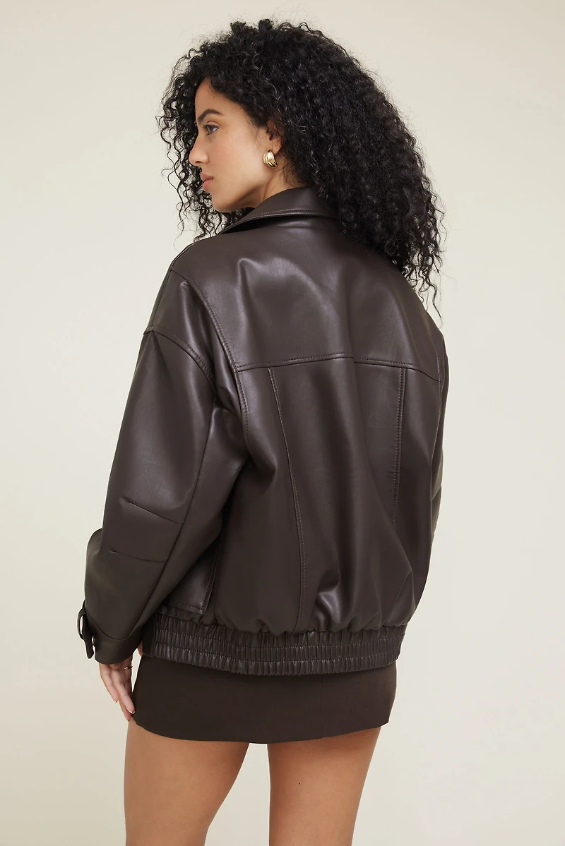 Oversized Faux Leather Aviator Jacket