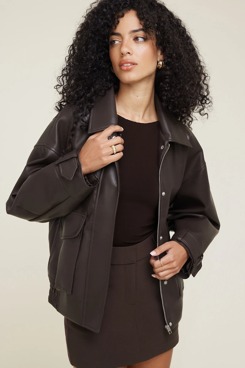 Oversized Faux Leather Aviator Jacket