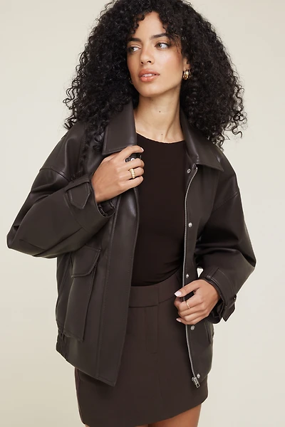 Oversized Faux Leather Aviator Jacket