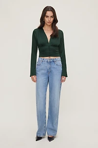 Draped V Neck Satin Blouse