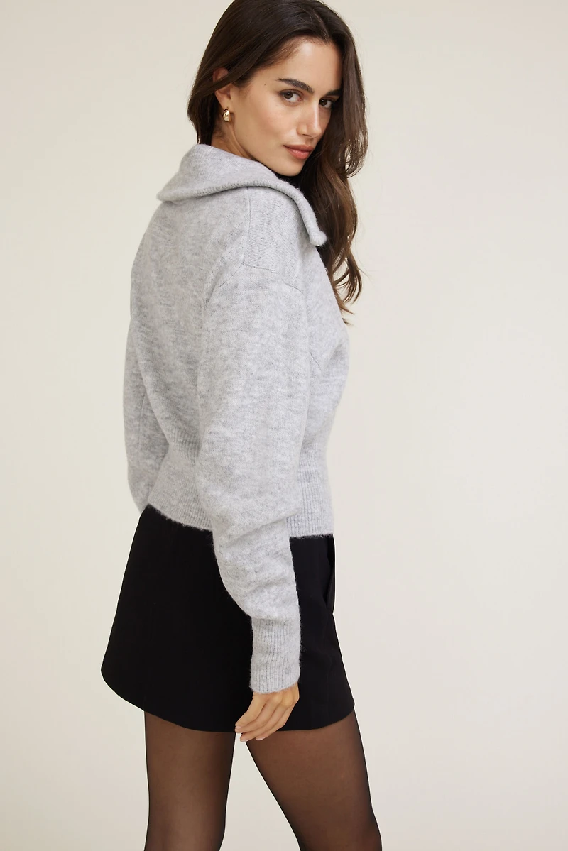Wide Collar Zip Up Cardigan