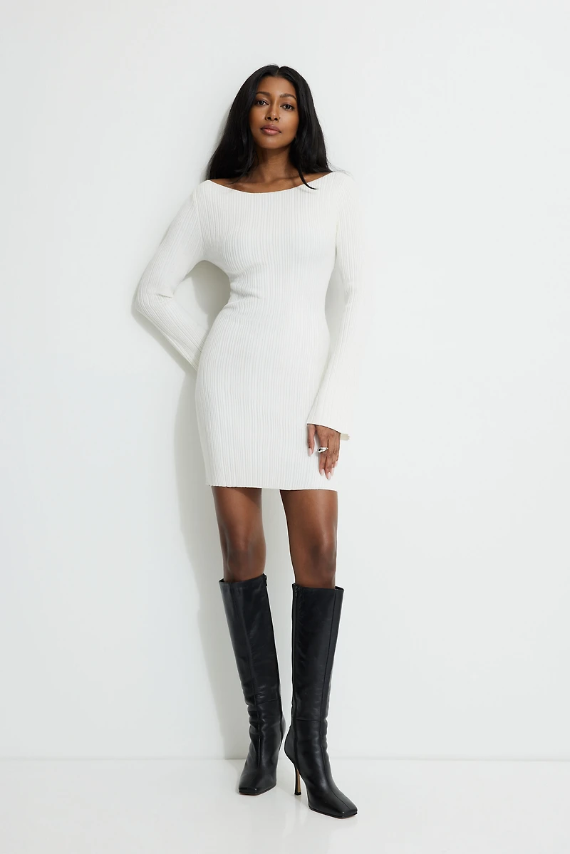 Ribbed Boat Neck Mini Sweater Dress