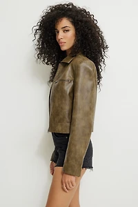 Washed Faux Leather Moto Jacket
