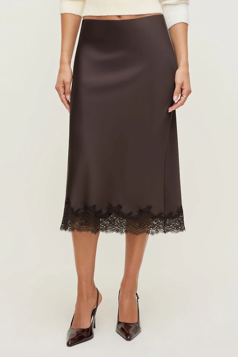 Jupe midi en satin et dentelle