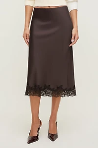 Jupe midi en satin et dentelle