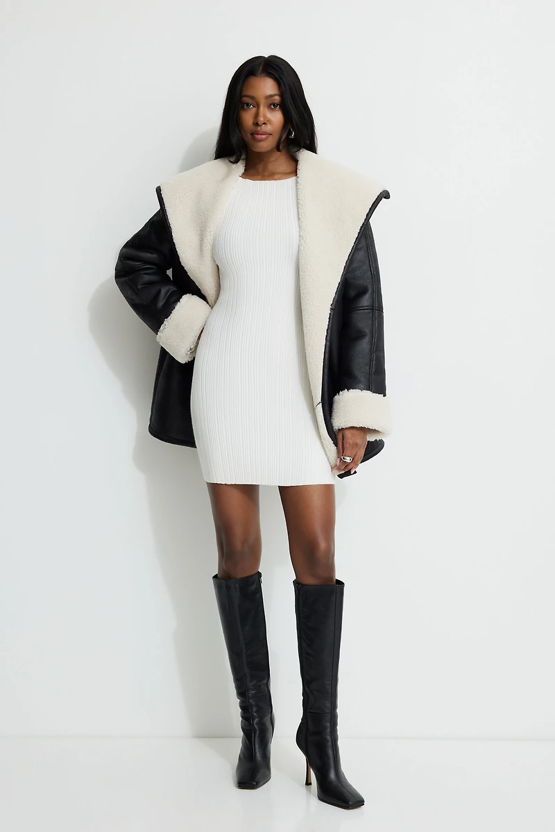 Ribbed Boat Neck Mini Sweater Dress