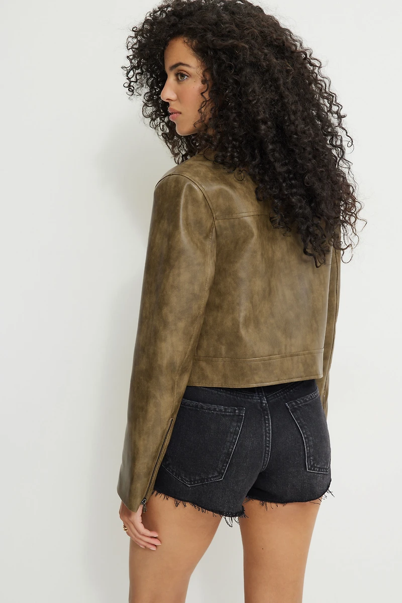 Washed Faux Leather Moto Jacket