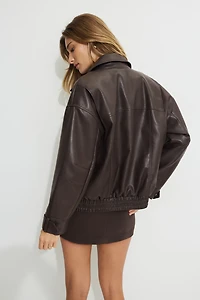 Oversized Faux Leather Aviator Jacket
