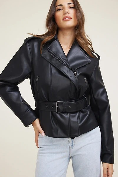 Blouson de moto en faux cuir avec ceinture