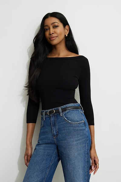 Ribbed Three Quarter Sleeve T Shirt