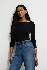 Ribbed Three Quarter Sleeve T Shirt