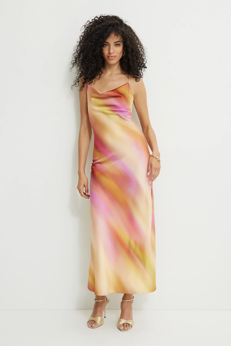 Cowl Neck Satin Maxi Slip Dress