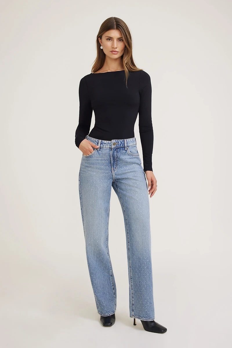 Mika Rhinestone Mid Rise Relaxed Straight Leg Jeans