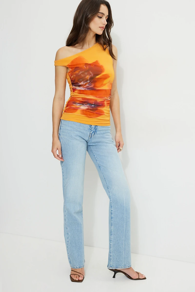 Printed Off Shoulder Mesh Top