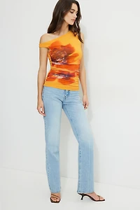Printed Off Shoulder Mesh Top