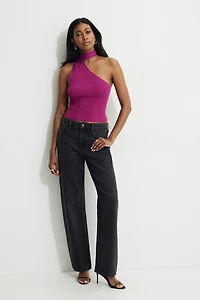 Haut côtelé métallique à col foulard et épaule unique