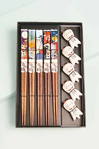 Set of 5 Lucky Cat Chopsticks w/ Rests