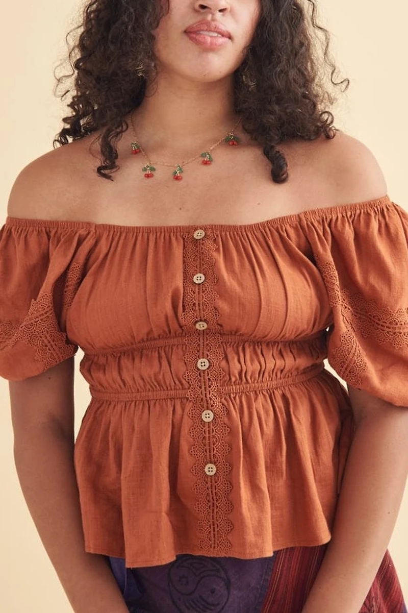 Lace Burnt Orange Peplum Shirt
