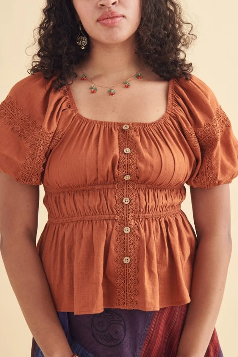 Lace Burnt Orange Peplum Shirt