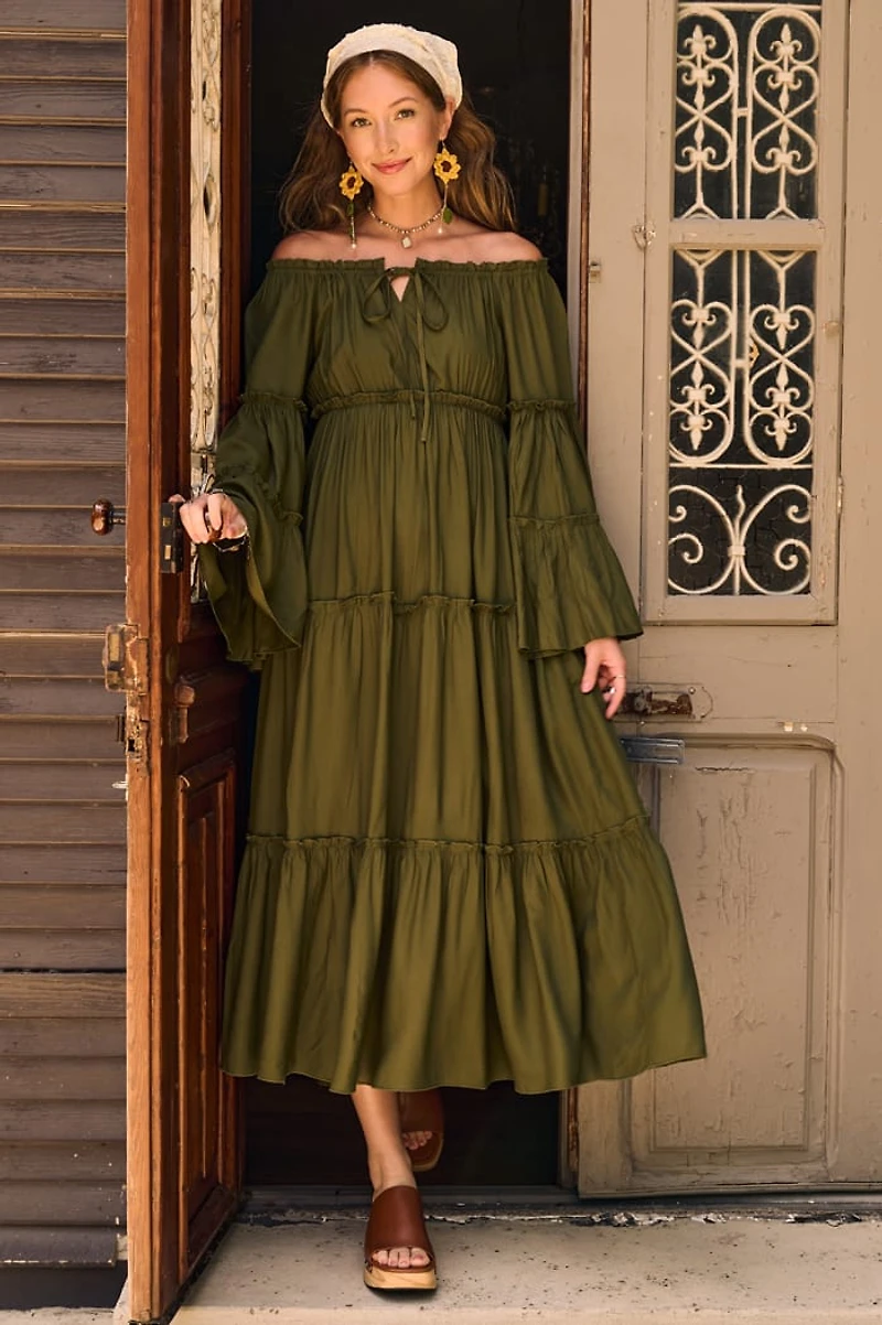 Channel boho Elegance with Forest Green Peasant Dress - Order Now