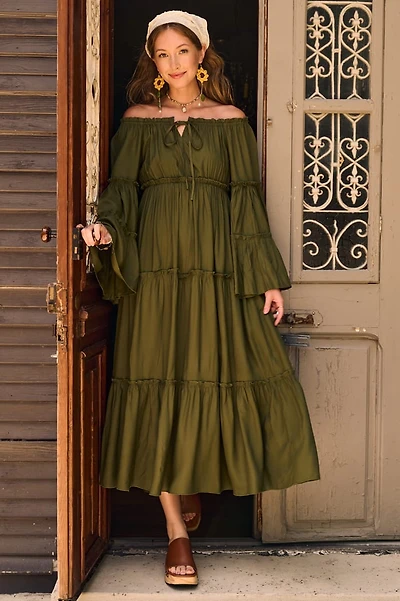 Channel boho Elegance with Forest Green Peasant Dress - Order Now
