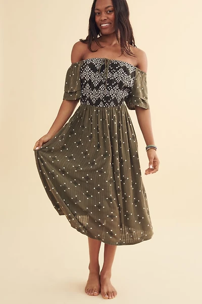 Buy the Diamond Contrast Off Shoulder Midi Dress with Pockets