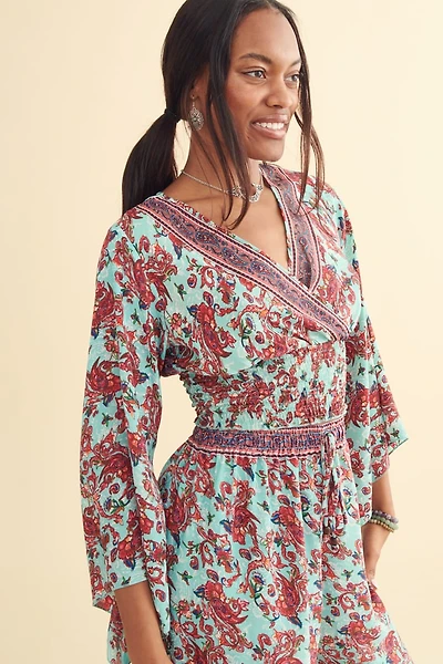 Blue Floral Bell Sleeve Shirt