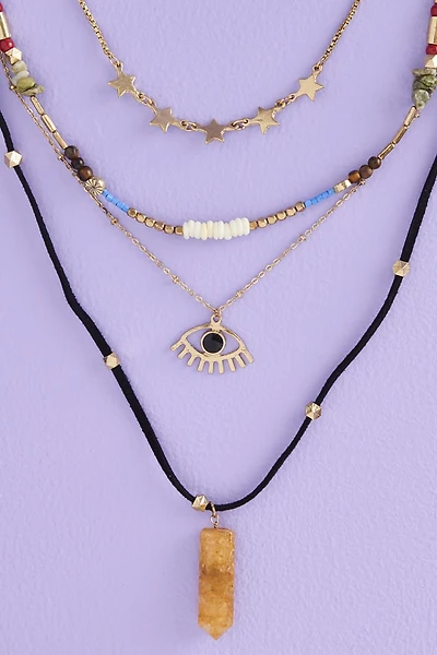 Gold Beaded and Multi-Stone Layered Necklace