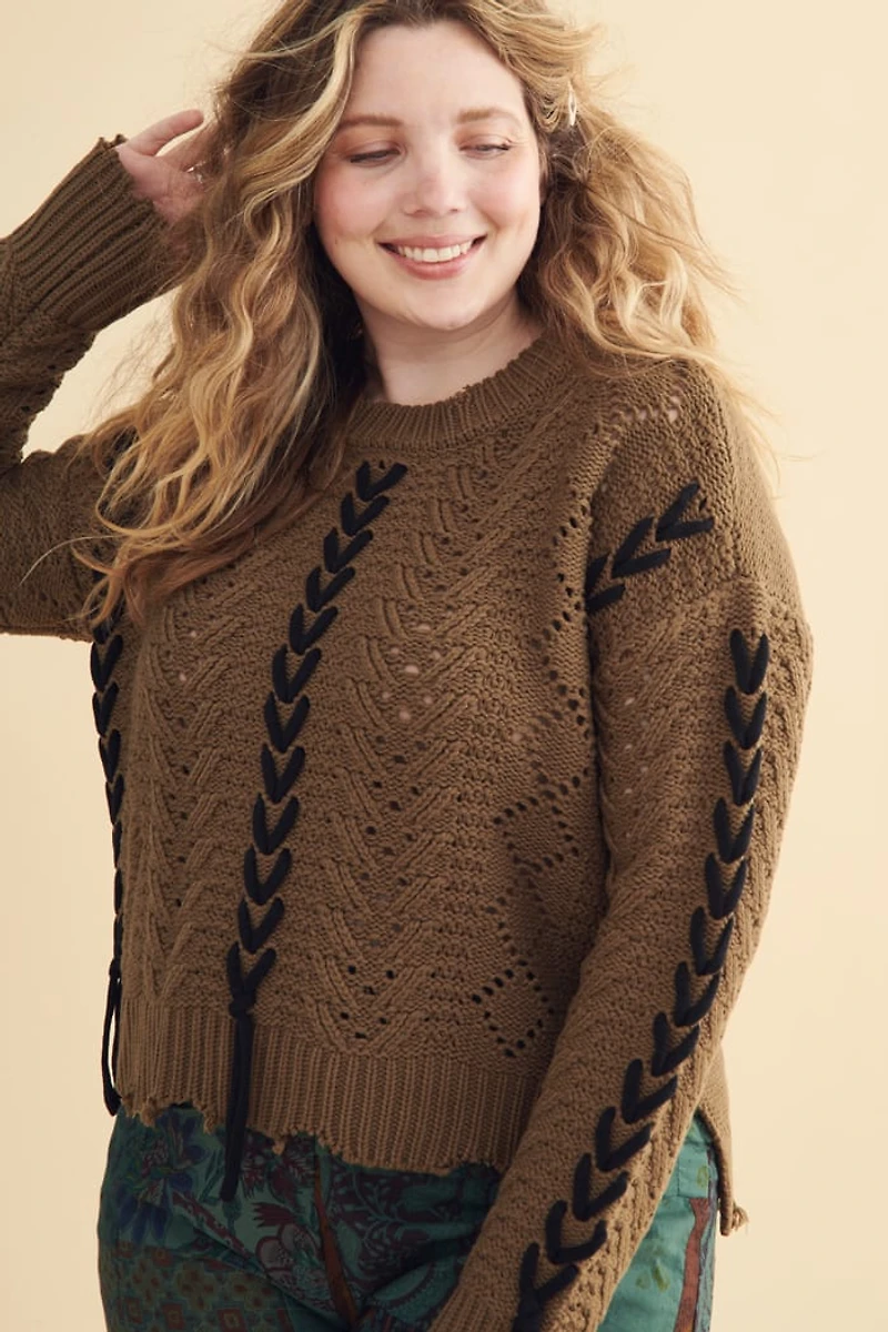 Buy Sage Lace Up Distressed Sweater Online at Earthbound Trading