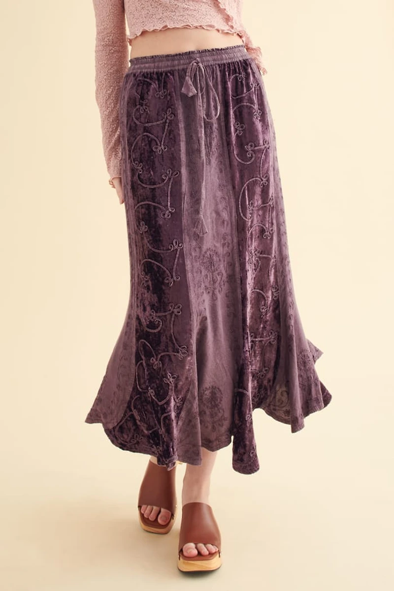 Purple Embroidered Velvet Panel Maxi Skirt