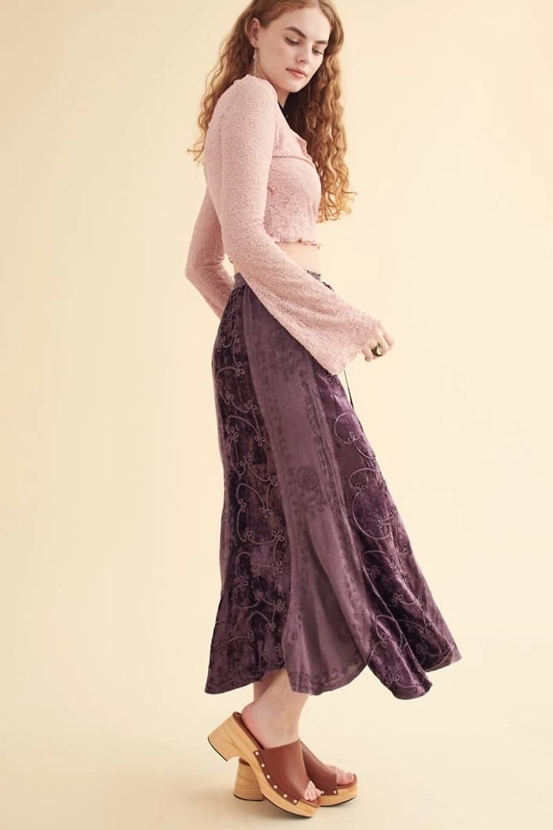 Purple Embroidered Velvet Panel Maxi Skirt