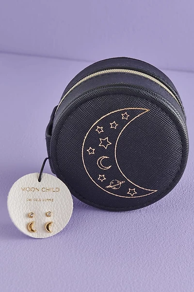 Moon Earrings and Leather Jewelry Pouch