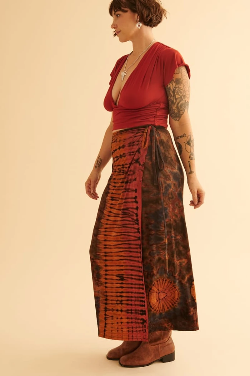 Rust Tie Dye Wrap Skirt - Hippie Maxi Skirt for boho Looks