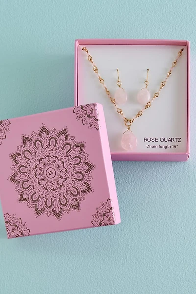 Rose Quartz Earrings and Necklace Boxed Set
