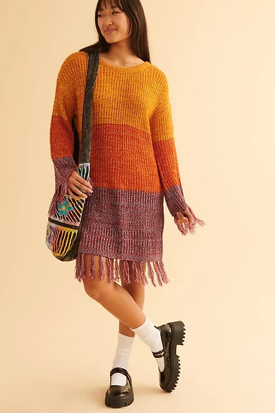 Cozy & Chic - Retro Colorblock Fringe Sweater Dress Shop Now!