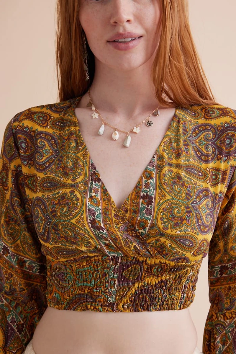Stand Out with Mustard Sari Bell Sleeve Top - boho Statement Piece