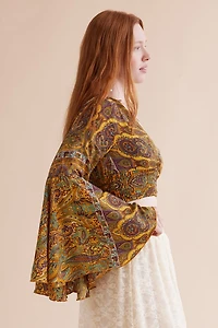 Stand Out with Mustard Sari Bell Sleeve Top - boho Statement Piece