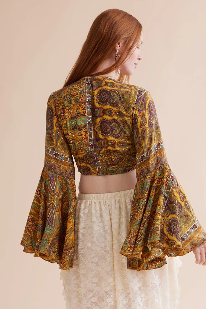 Stand Out with Mustard Sari Bell Sleeve Top - boho Statement Piece