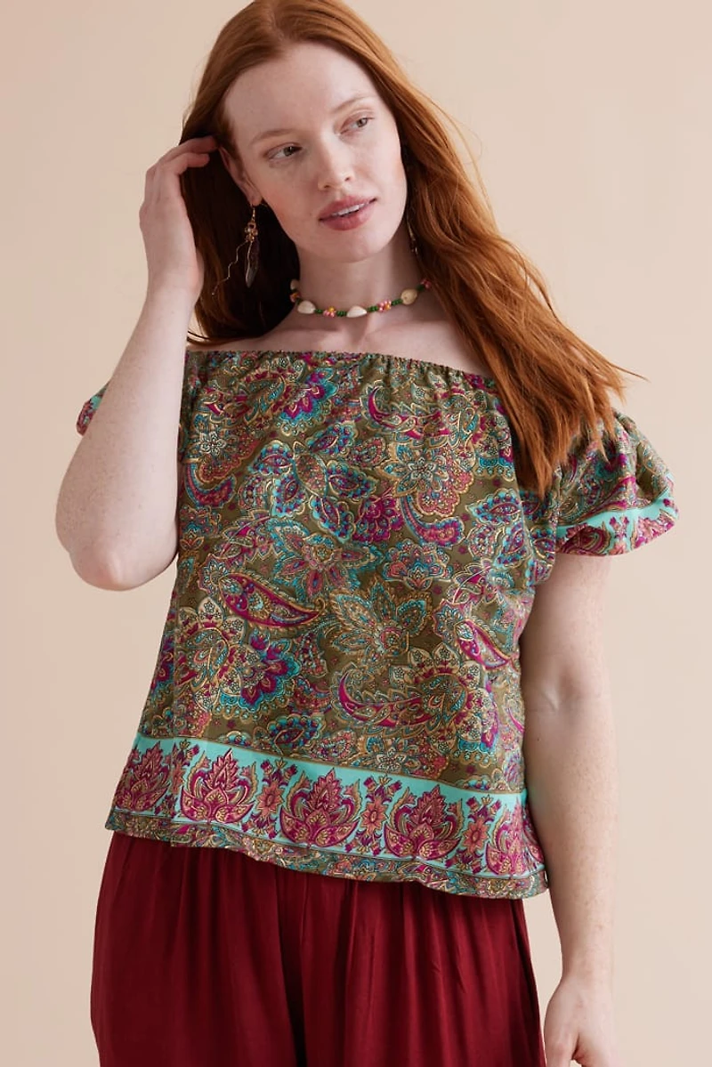Buy Turquoise Sari Off Shoulder Puff Sleeve Shirt Online at Earthbound Trading