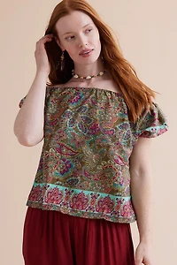 Buy Turquoise Sari Off Shoulder Puff Sleeve Shirt Online at Earthbound Trading