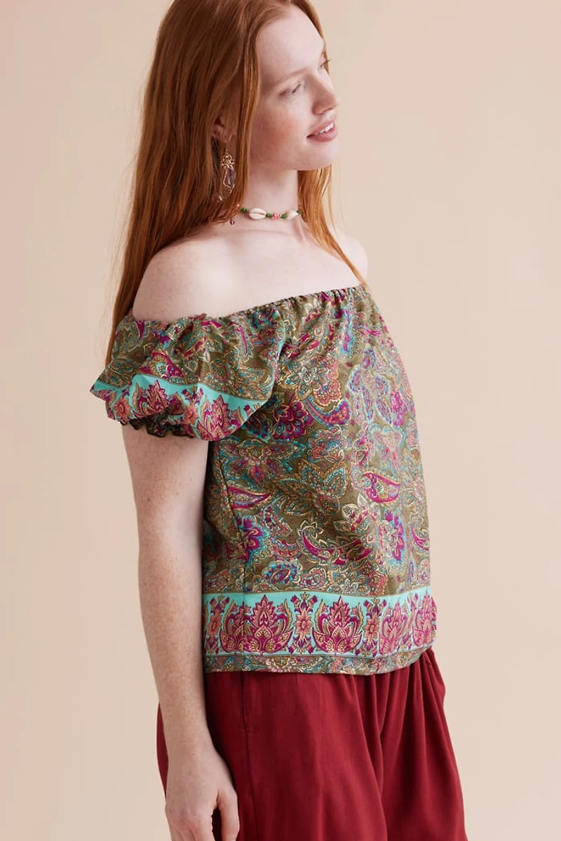 Buy Turquoise Sari Off Shoulder Puff Sleeve Shirt Online at Earthbound Trading