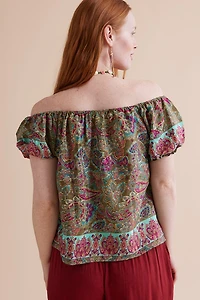 Buy Turquoise Sari Off Shoulder Puff Sleeve Shirt Online at Earthbound Trading