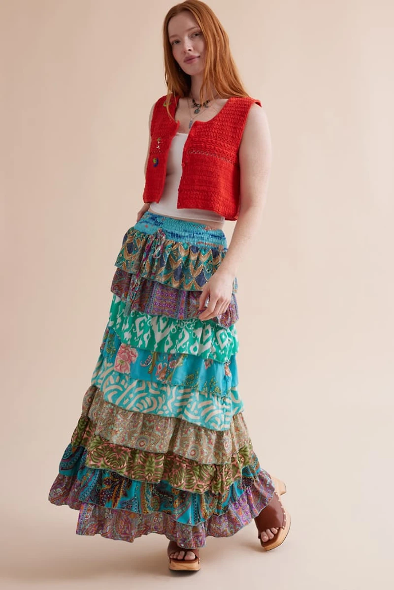 Buy Blue Assorted Tiered Sari Maxi Skirt Online at Earthbound Trading