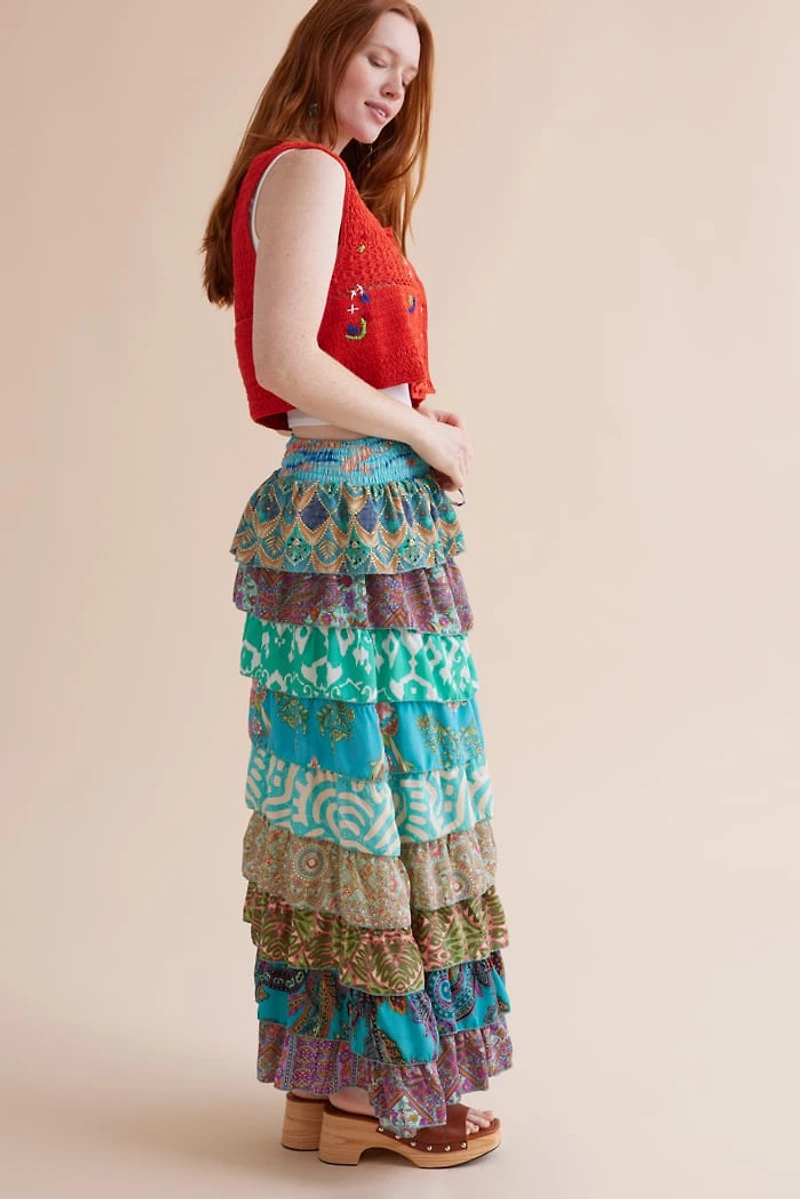 Buy Blue Assorted Tiered Sari Maxi Skirt Online at Earthbound Trading