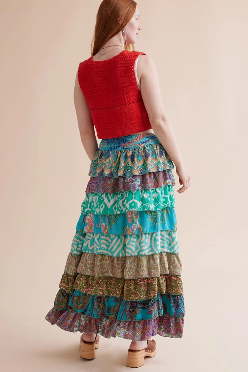 Buy Blue Assorted Tiered Sari Maxi Skirt Online at Earthbound Trading