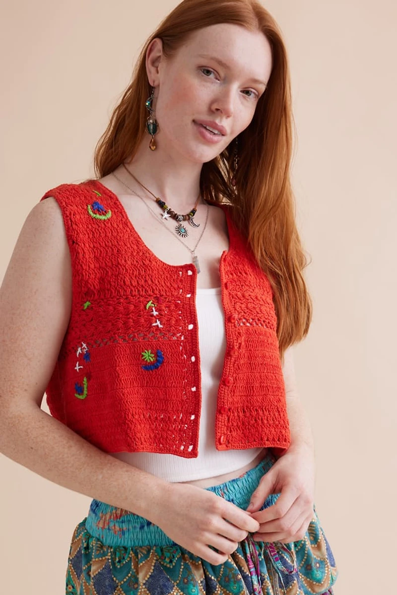 Buy Tangerine Embroidered Moon Crochet Vest Online at Earthbound Trading